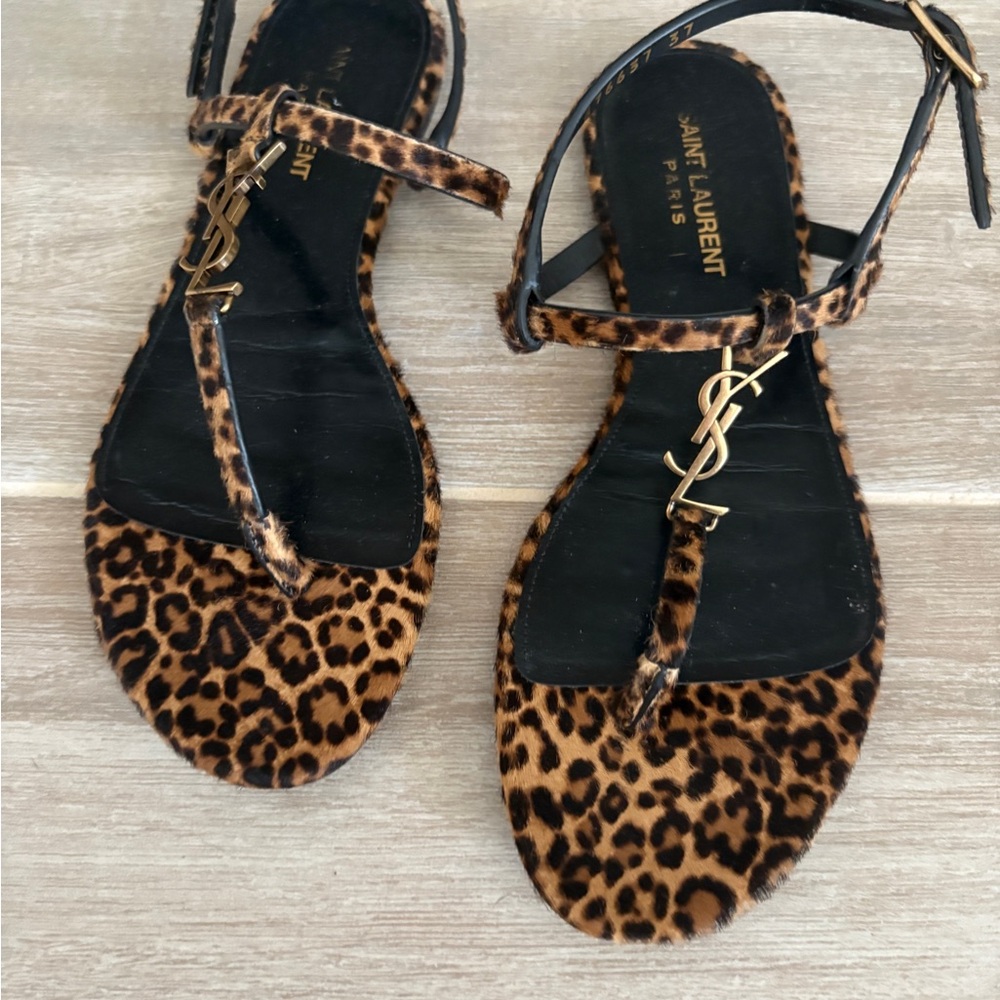 Saint Laurent Leopard Print Sandals in Brown Black Gold